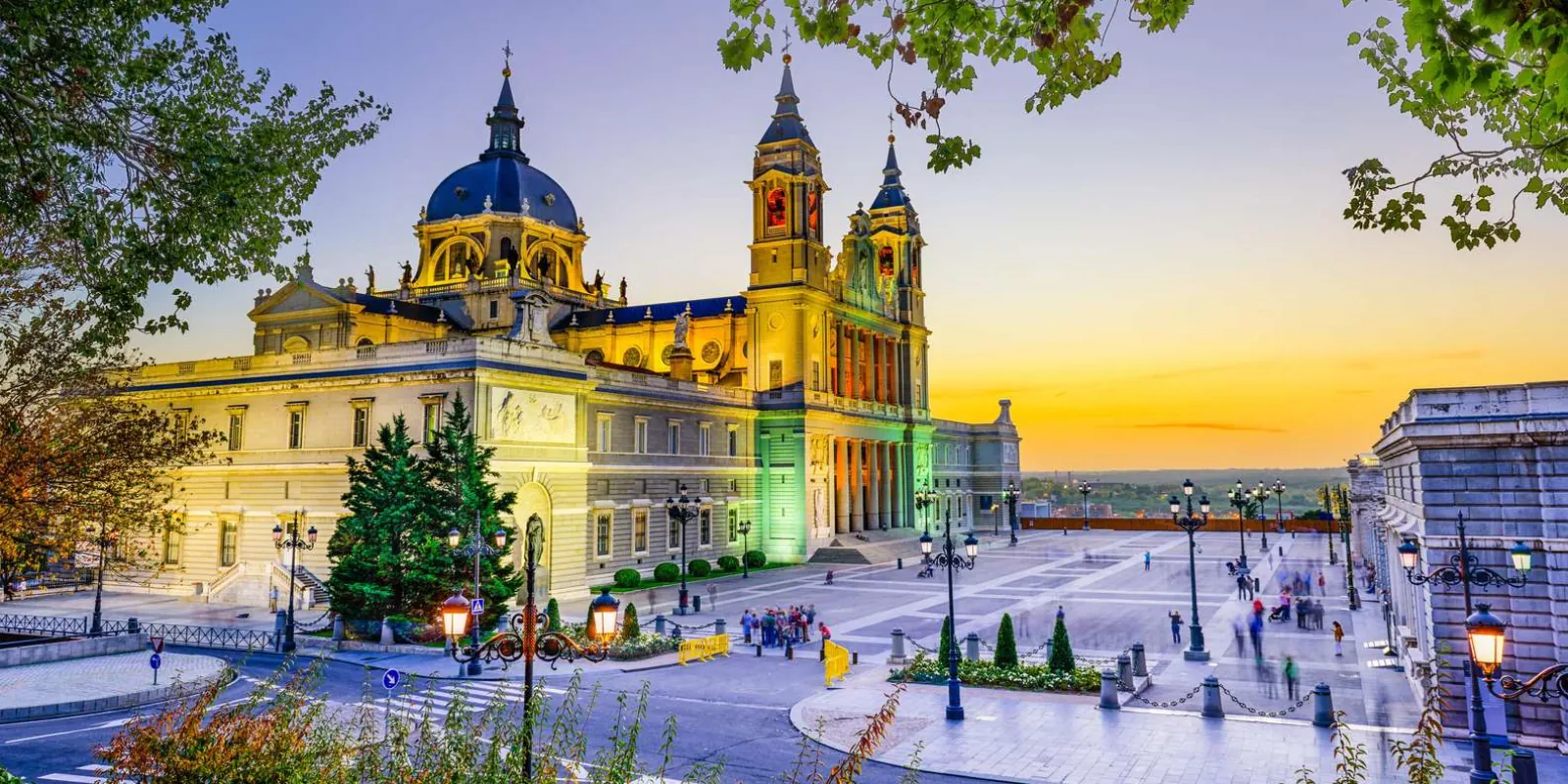 Madrid cathedral and palace area at dusk