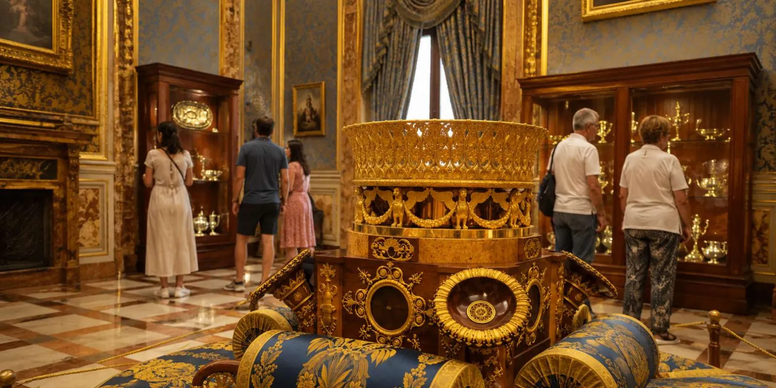 Visitors beside a gilded ceremonial display