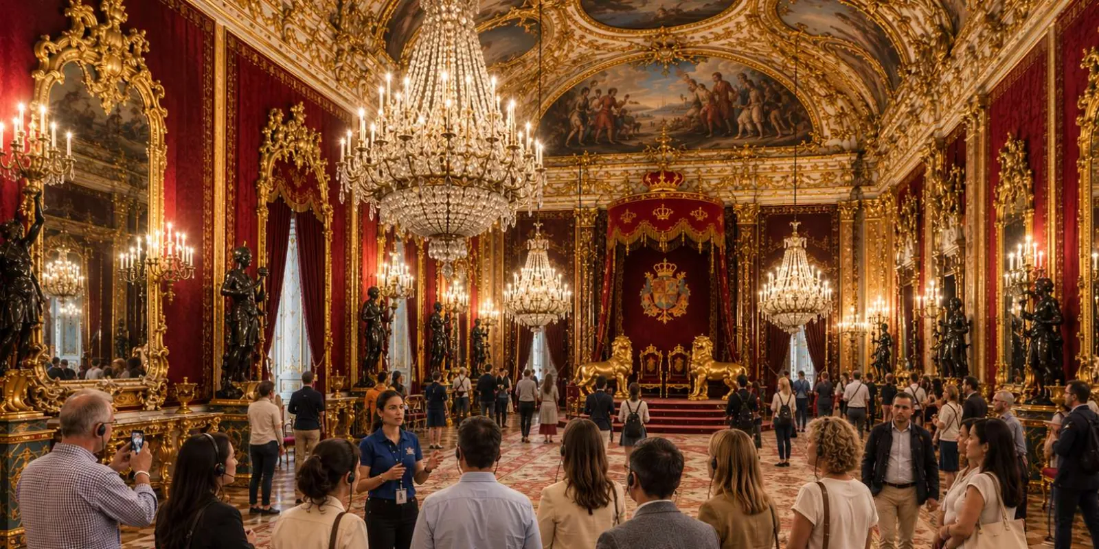 Visitors in a chandelier-lit state room